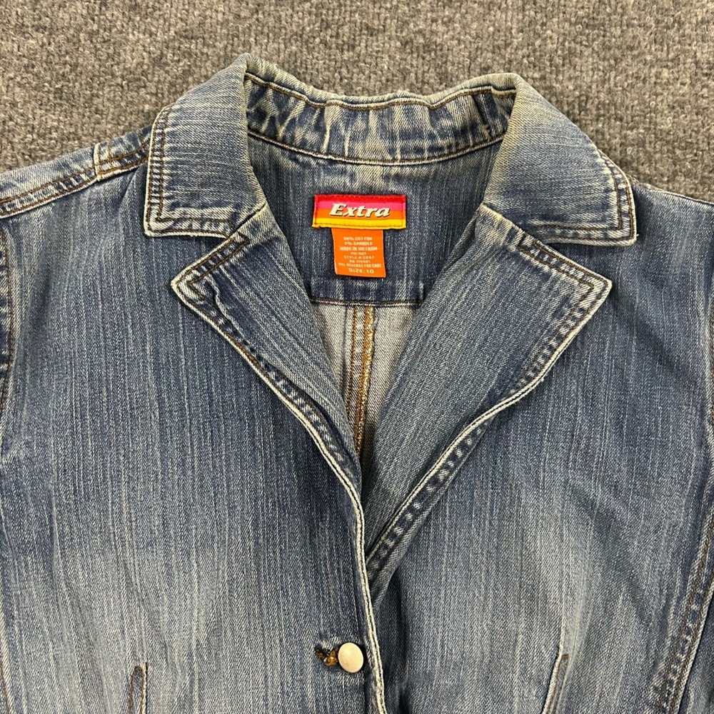 Extra Denim Jacket Womens Size 10 Blue Y2K Distressed Blazer Studded Grommet